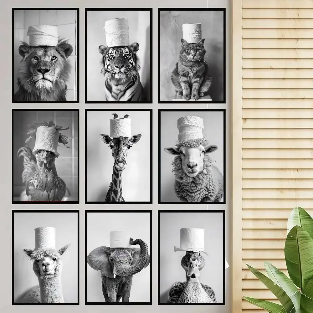 Funny Bathroom Animals Wearing Toilet Paper On Their Heads Poster Self-adhesive Art Room Entrance Restaurant Wall Decor Art