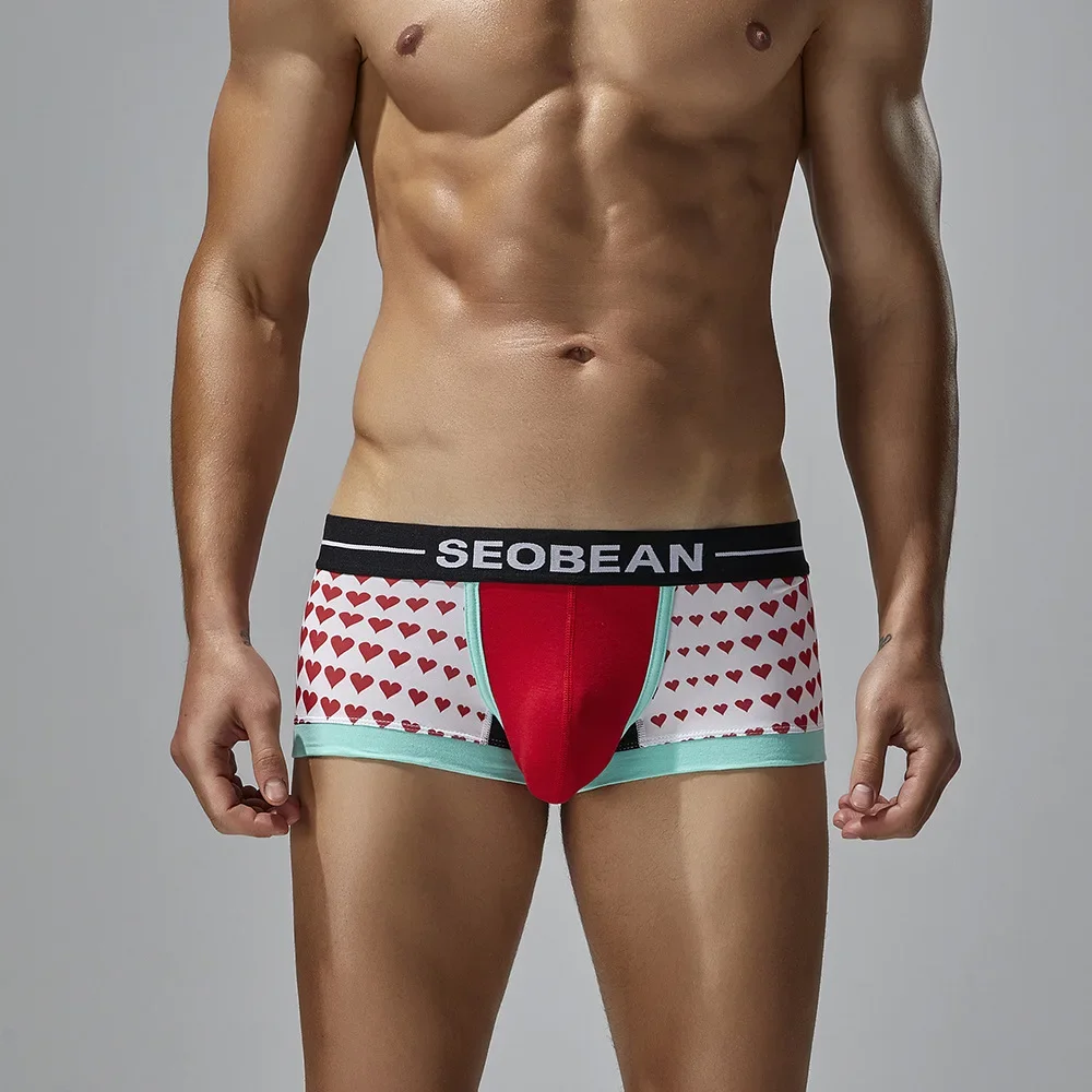 2025 New SEOBEAN Men's Boxer Shorts - Red Heart Print Underpants for Men, Stylish New Year Boxers