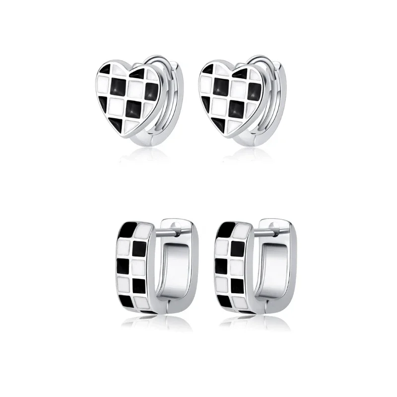 New Black White Drip Glaze Checkered Heart-shaped Pendant Hoop Earring  Retro Simple GeometricTrendy Piercing Pendientes Jewelry