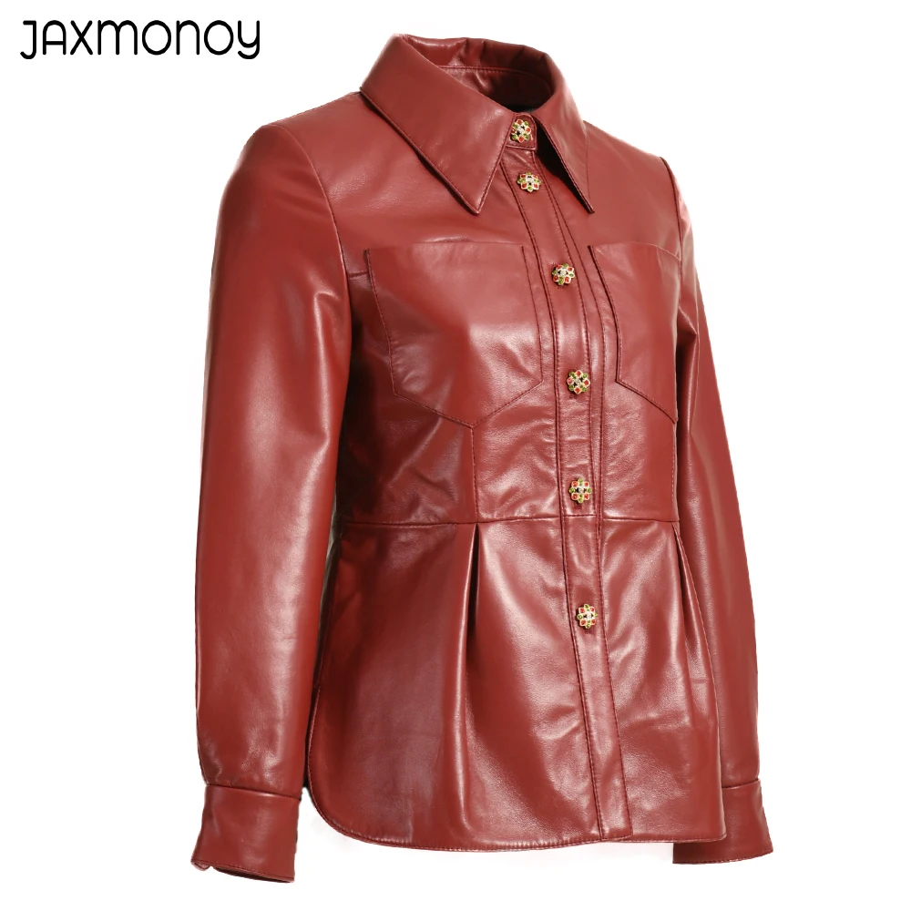 Jaxmonoy Women's Leather Jacket Spring Black Genuine Leather Rhinestone Button Fashion Ladies Full sleeves Sheepskin Coat Female