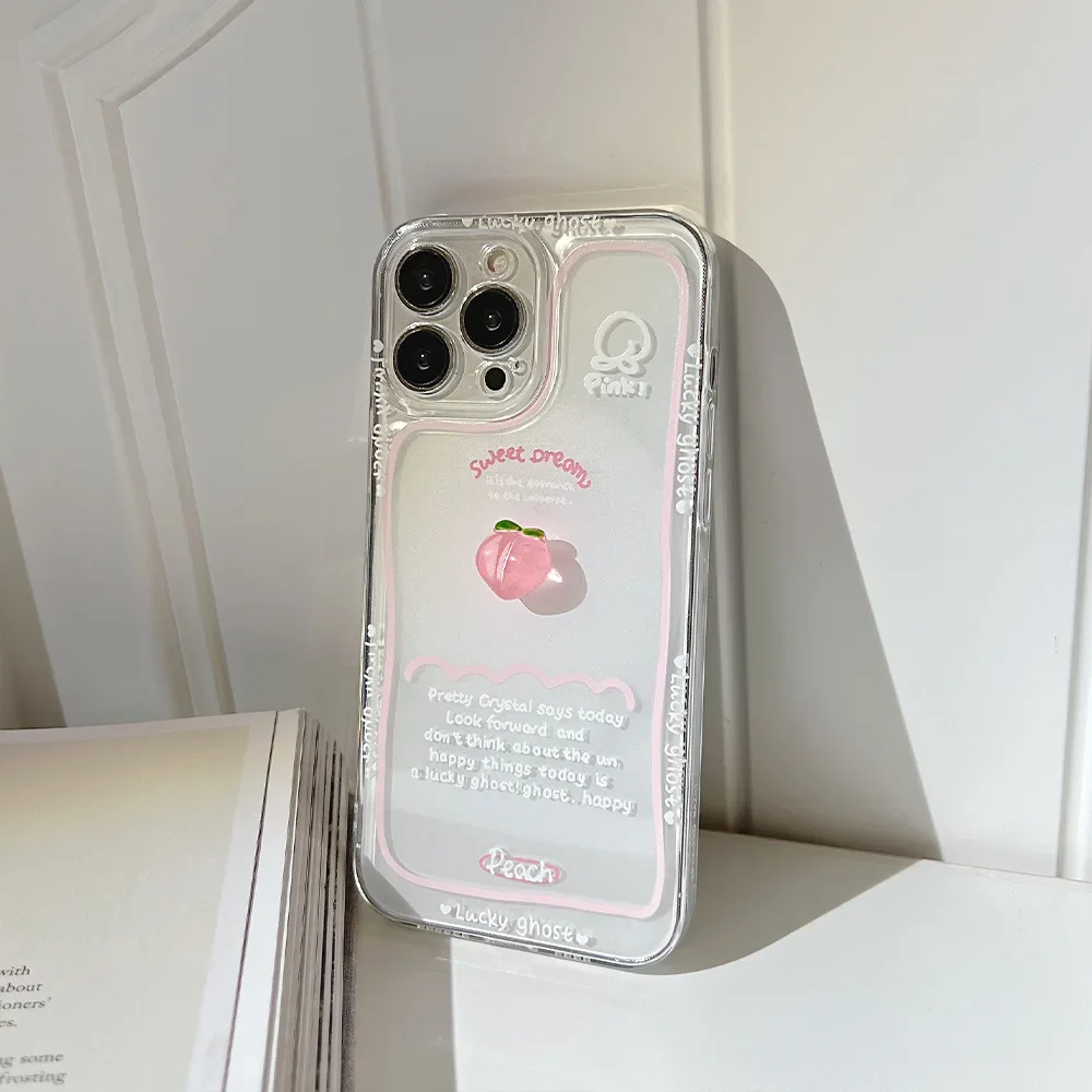 Kawaii crystal peach sweet girls transparent Phone Case For iPhone 16 15 14 13 11 12 Pro Max XR 14 15 16 Plus case Cute Cover