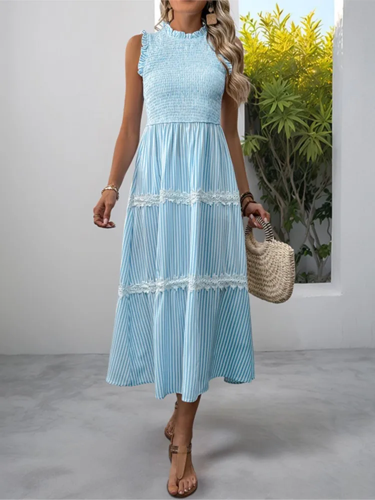 

Casual Sweet Style Lace Wood Ear Sleeveless Striped Plaid Dress Summer Women's High Waist Stand-up Collar Gentle Style Dresses