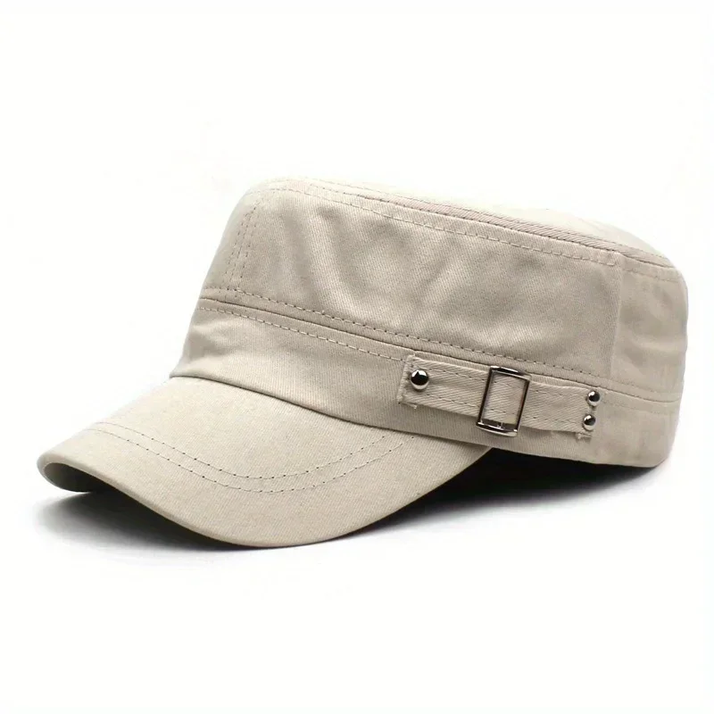 Silver Metal Side Button Baseball Cap Solid Color Adjustable Military Cap Cotton Short Eave Baseball Cap Simple Flat Top