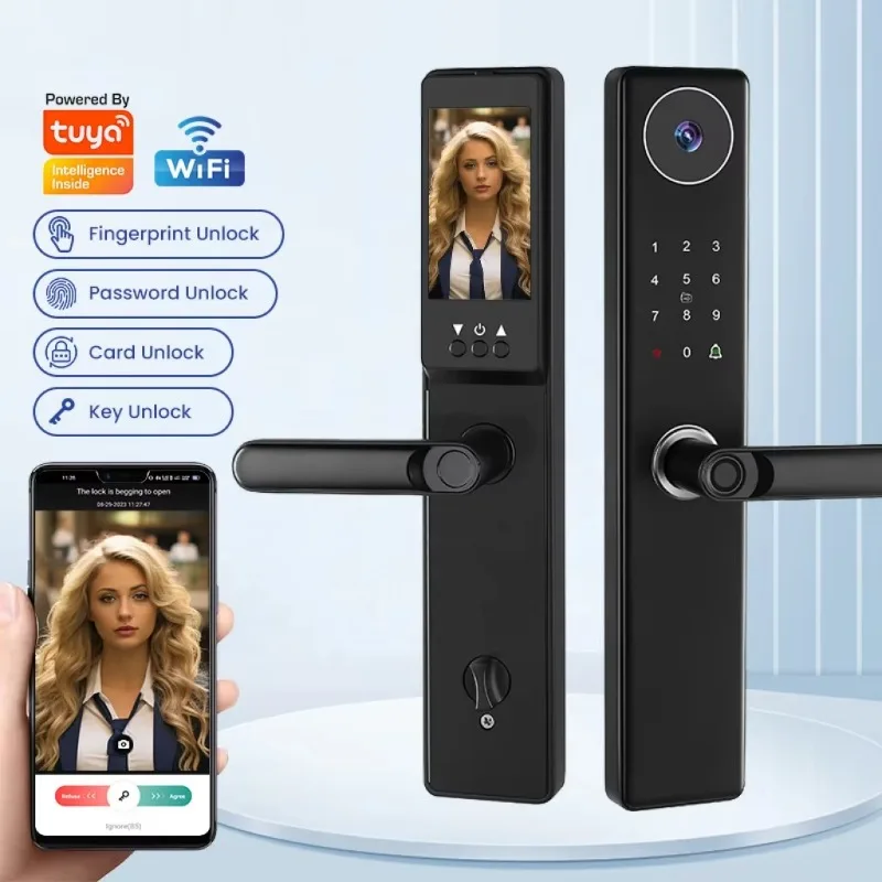 Fechadura Cerradura Inteligente Para Puerta Digital Locks Fingerprint Smart Password Card Big Tuya WIFI Camera Door Lock