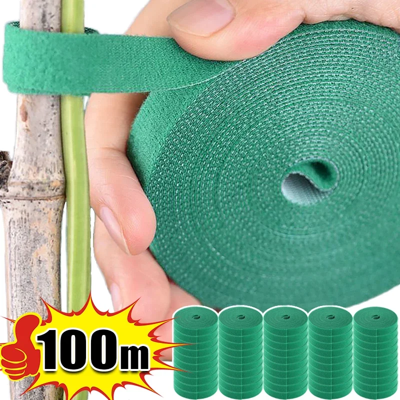 Green Self-Adhesive Nylon Cable Tie Adjustable Plant Support Loop Hook Reusable Fastener Tape Strips for Garden Twine Bandage