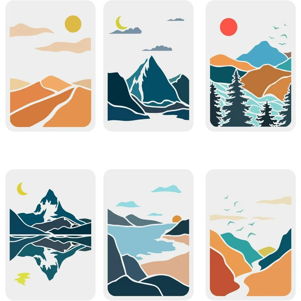 6 Pcs Mountains Landscape Stencil 11.7x8.3 inch Mountains Stencils Template Plastic Moon Sun River Tree Stencils Reusable DIY