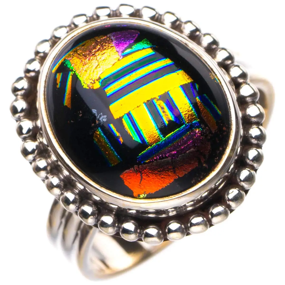 StarGems® Natural Rainbow Dichroic Glass Handmade 925 Sterling Silver Ring 7.5 D5235