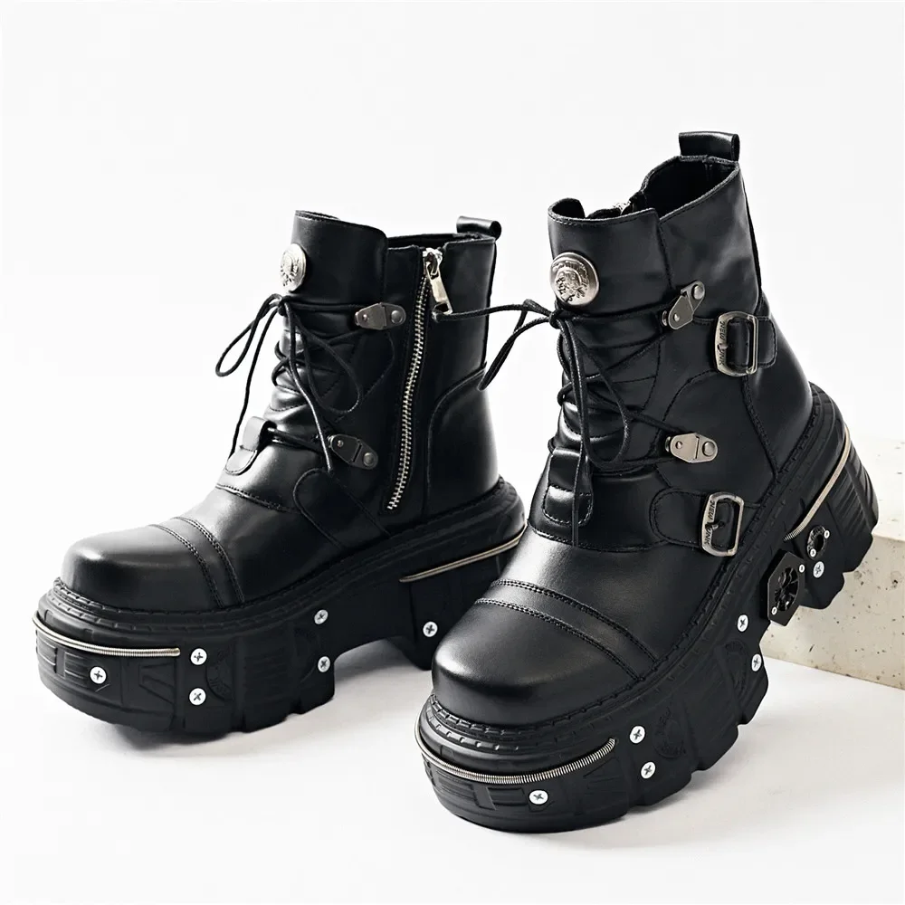 New Fashion Women Punk Round Toe Ankle Boots  Lace-Up Thick Bottom Metal Decoration Shoes Buckle Strap Party Footwear Black