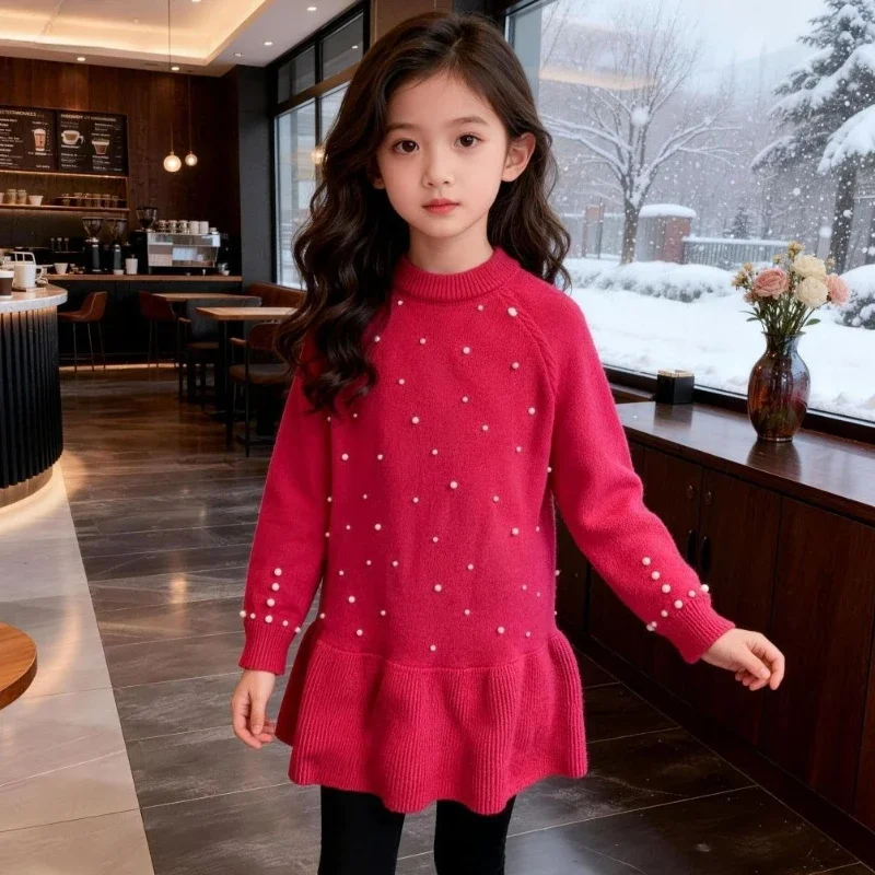 Girls Beaded Knit Dress Thick Winter Dress Warm Autumn Sweater Dress Kids Fashion Clothing