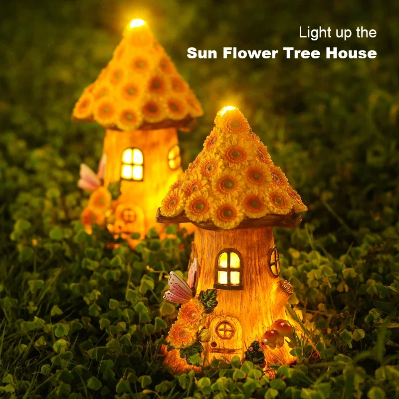 Artigianato casa dei fiori in miniatura luci a LED solari giardino fata passerella all\'aperto girasole resina Cottage luci natalizie decorazione