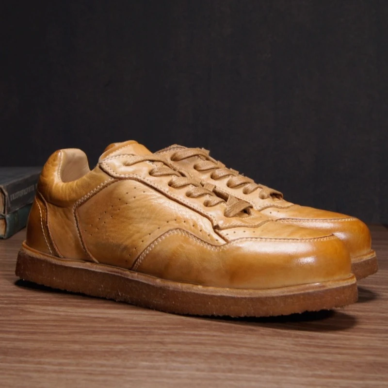 Handmade Distressed Cow Leather Casual Sneakers Men Lace Up Retro Western Street All Match Daily Walking Shoes