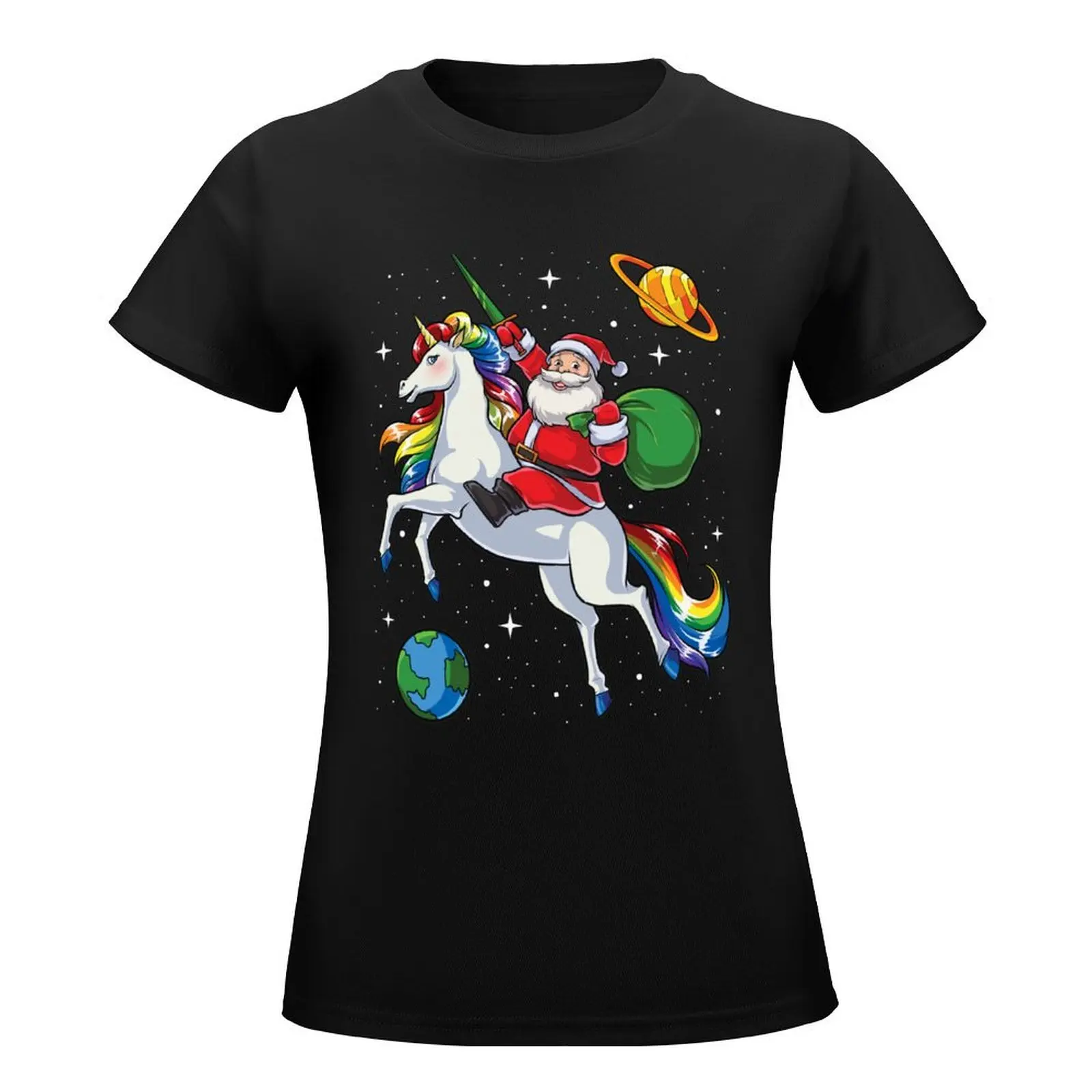 Santa Riding Unicorn T Shirt Christmas Gifts Rainbow Space T-Shirt summer top tees T-shirt Women