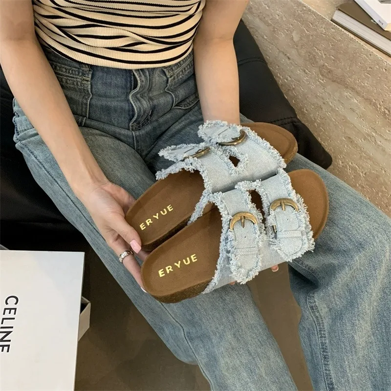 

Summer 2025 New Fashion Thick-soled Denim Casual Beach Shoes with Belt Buckle-exposed Toes, Korean-style Flip-flops for Women