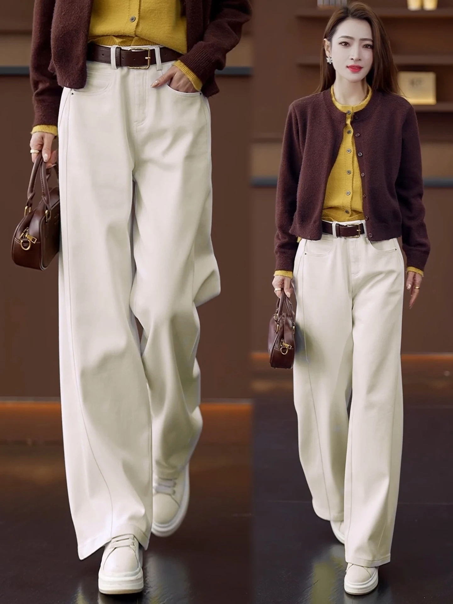 

Women's Fleece Lined Thick Wide Leg Jeans High Waist Slimming Casual Nine Blade Pants Autumn Winter New Style Small Size Drea...