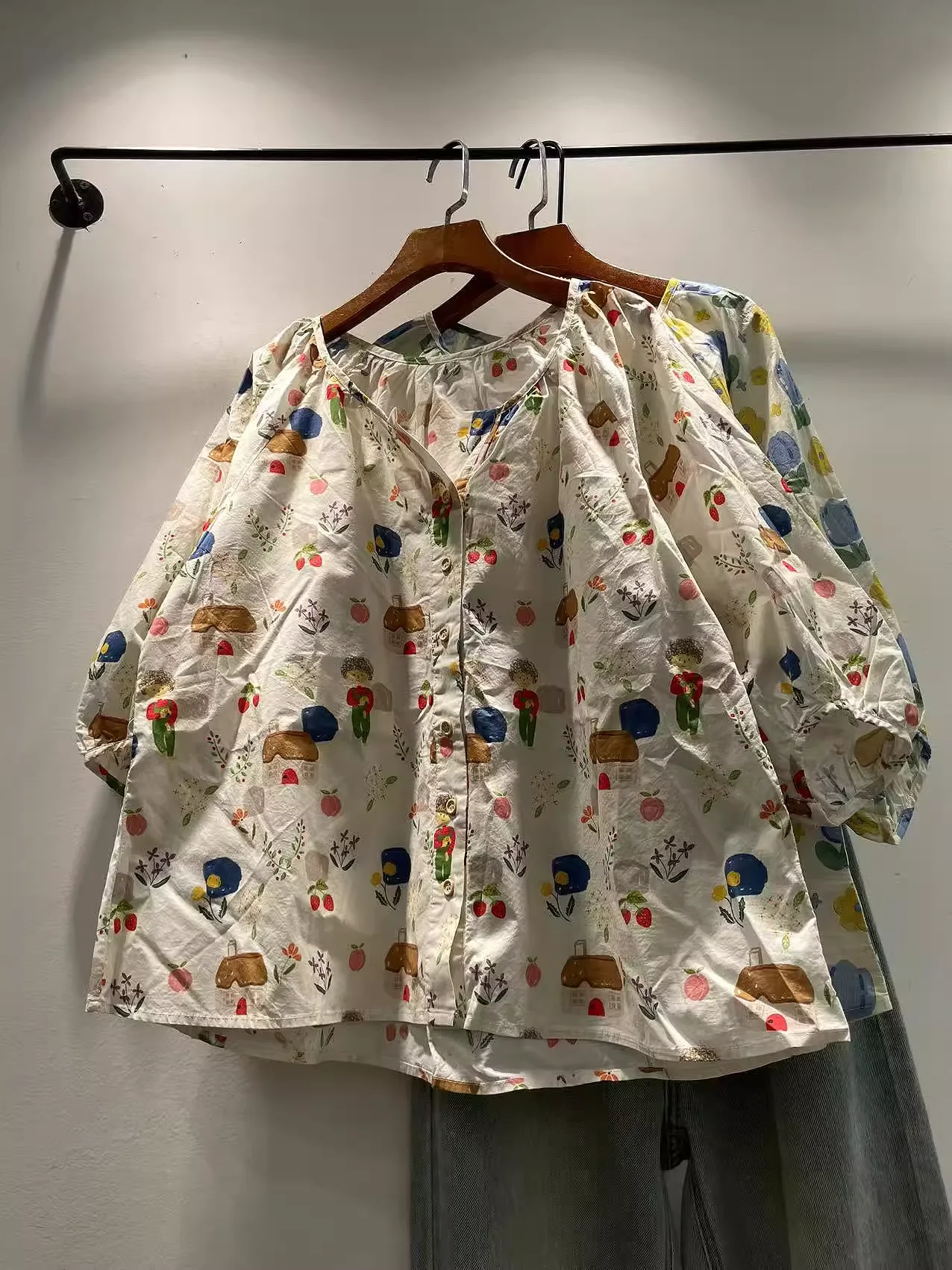 

Bust 112cm autumn women clothing 100% cotton v neck half sleeve cartoon floral print shirts and blouses large size tops
