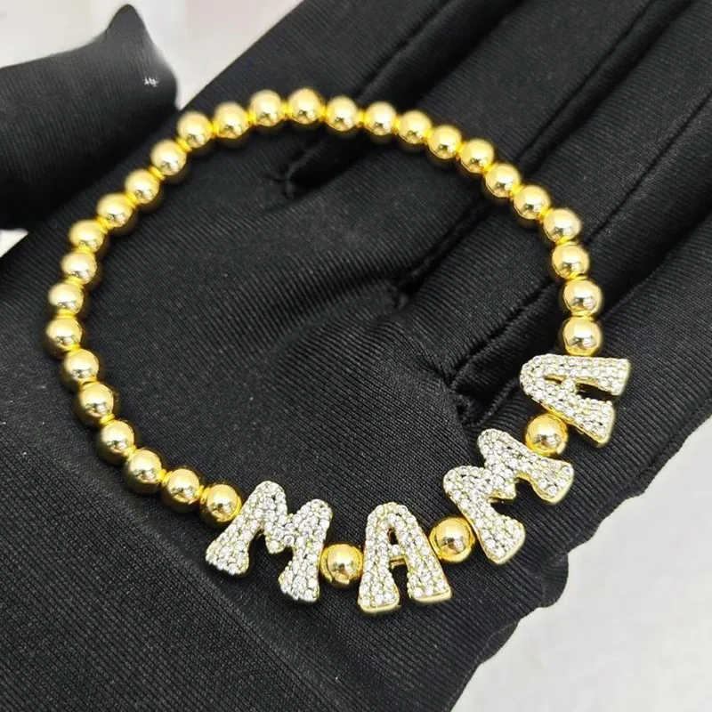 Custom Zircon Name Bracelet 3D Bubble Letter Golden beads Bracelet Name Pendant 26 Initial Letter Jewelry for Her Gift For Mom