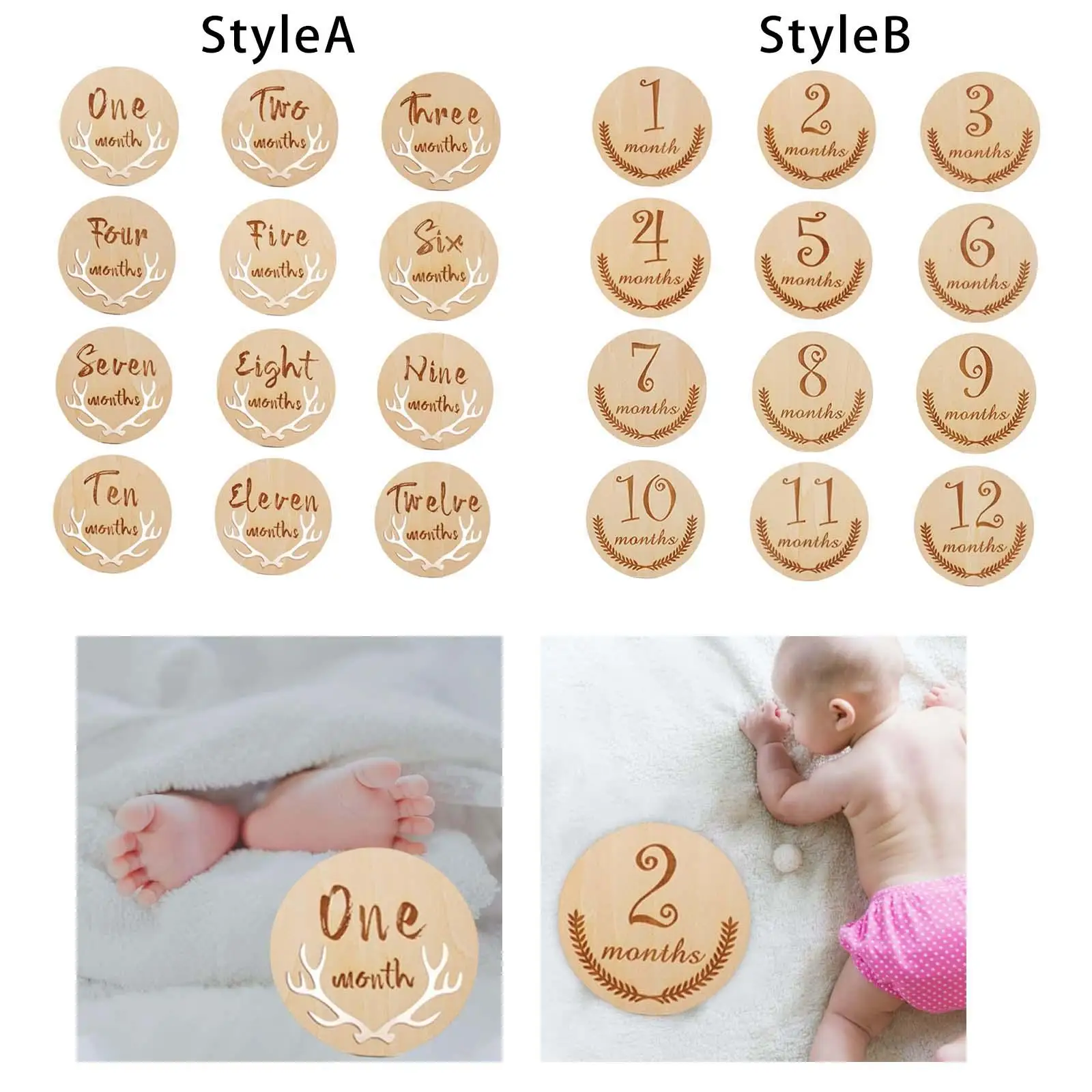 12 Pieces Baby Monthly Milestone Wood Cards for Commemorate Baby Birth Gifts