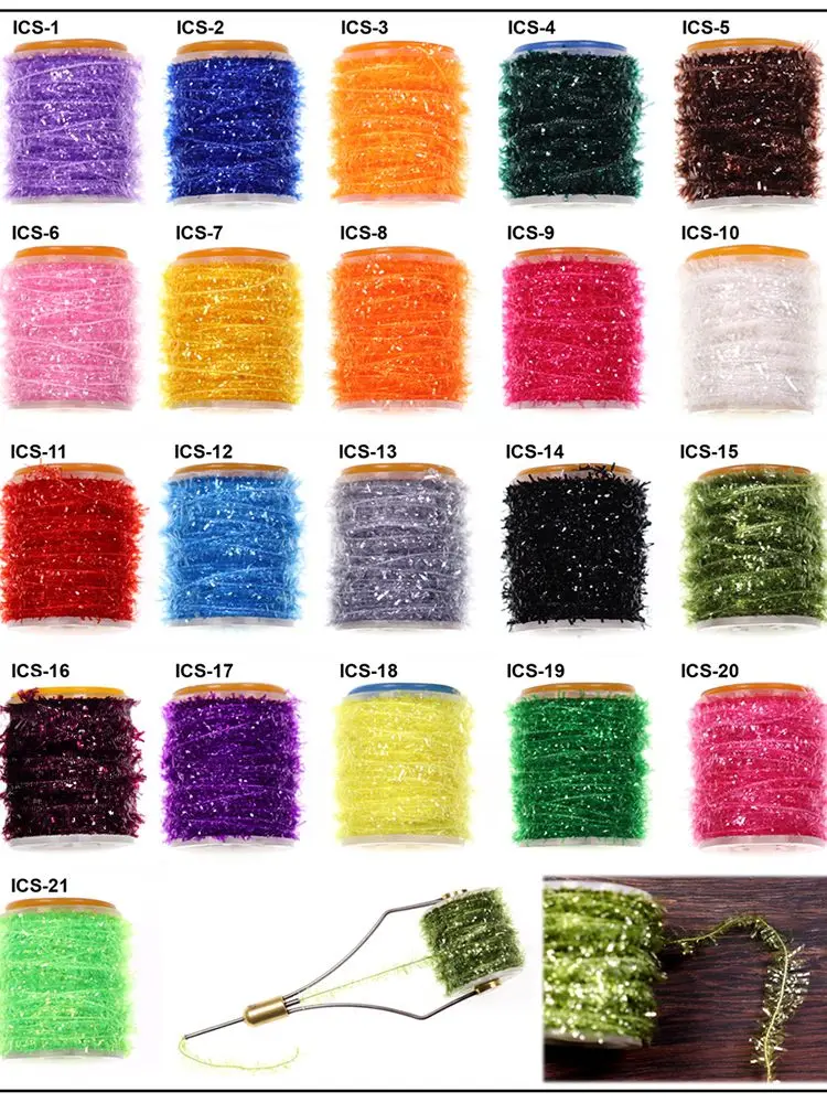 2 Spulen 10M Ice Chenille Crystal Flash Tinsel Fliegenbindematerial für Ice Jig Köder, Trocken-/Nassnymphen, Streamer Fliegen, Forellenangelköder – Detail 3