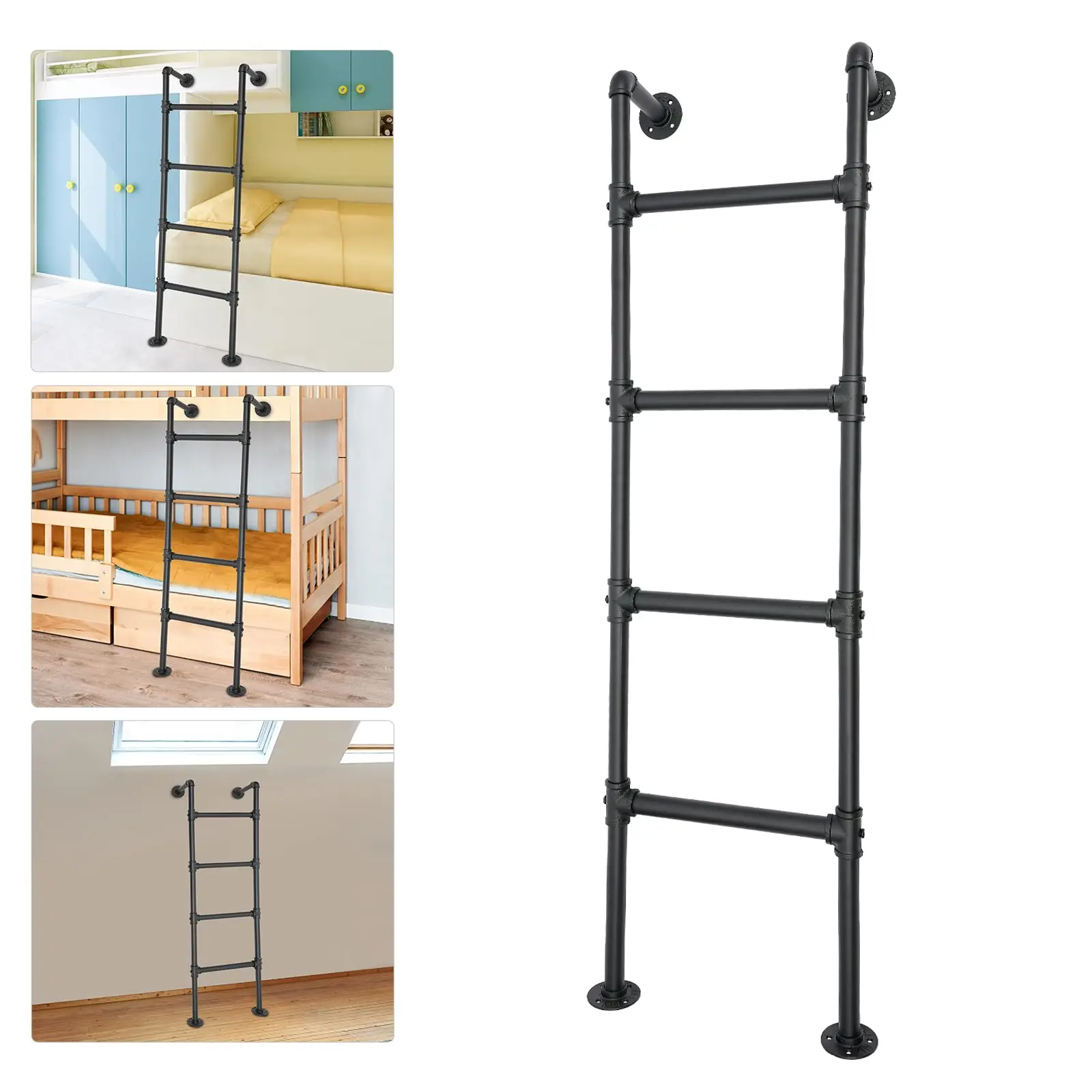 146 ซม./57.5 นิ้วชั้นใต้ดินหน้าต่าง Well Egress บันไดติดตั้งง่ายทนทานและปลอดภัยเหล็กคาร์บอนสีดํา Attic เตียงสองชั้นบันได,4 ขั้นตอน W