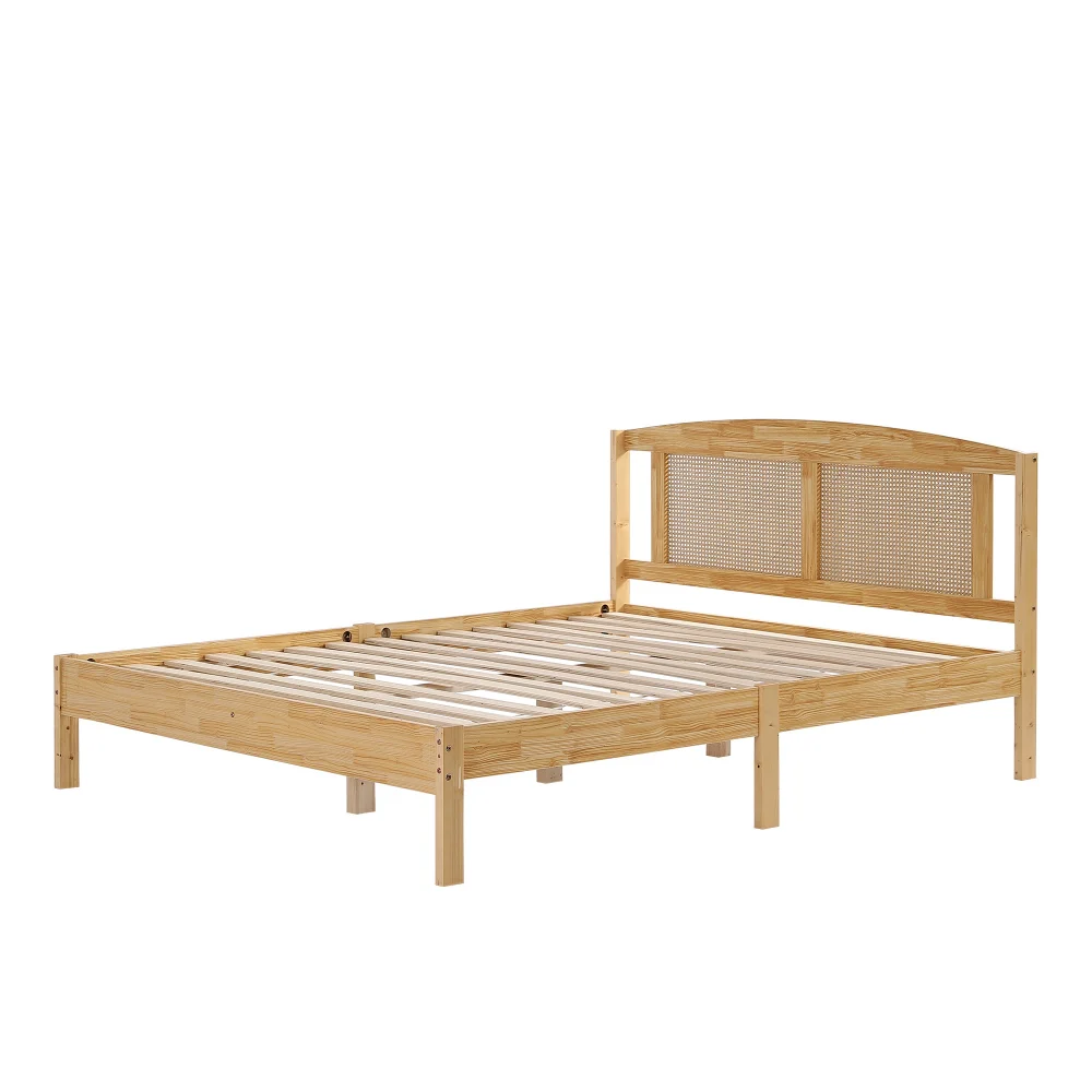 PINGGO Naturrattan-Doppelbett 160x200cm Kiefernholz PE-Rattan 15 Latten Mittelstützfüße Rattan-Netzkissen Ohne Matratze – Detail 10