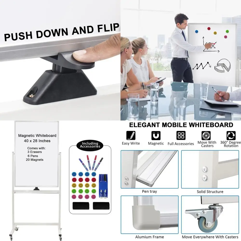 

Double-Sided Magnetic Dry Erase Whiteboard on Wheels, 40 x 28, with Stand and Aluminum Frame