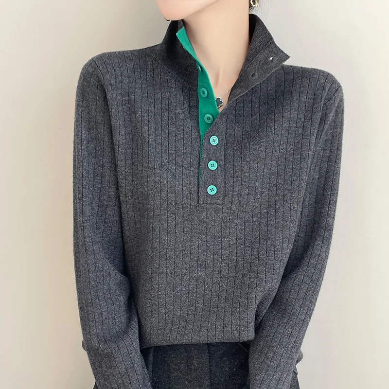 Pull vintage à manches longues pour femmes, pull à col roulé avec boutons, tricots doux et confortables, tendances de la mode, automne et hiver