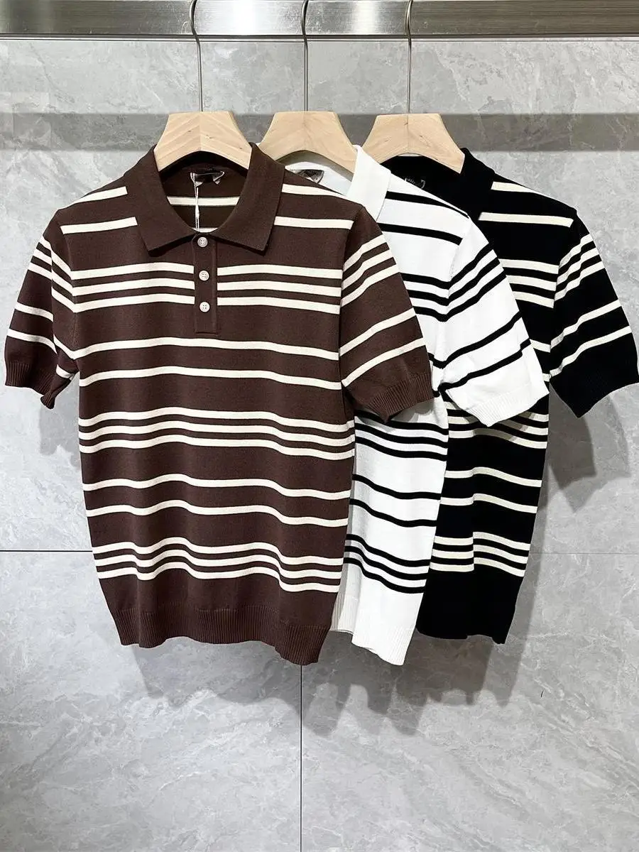 

Summer Thin Knitted ort Sve irt Men's Collared Busin Casual Breathable T-irt Trendy Striped Color Blo Classic