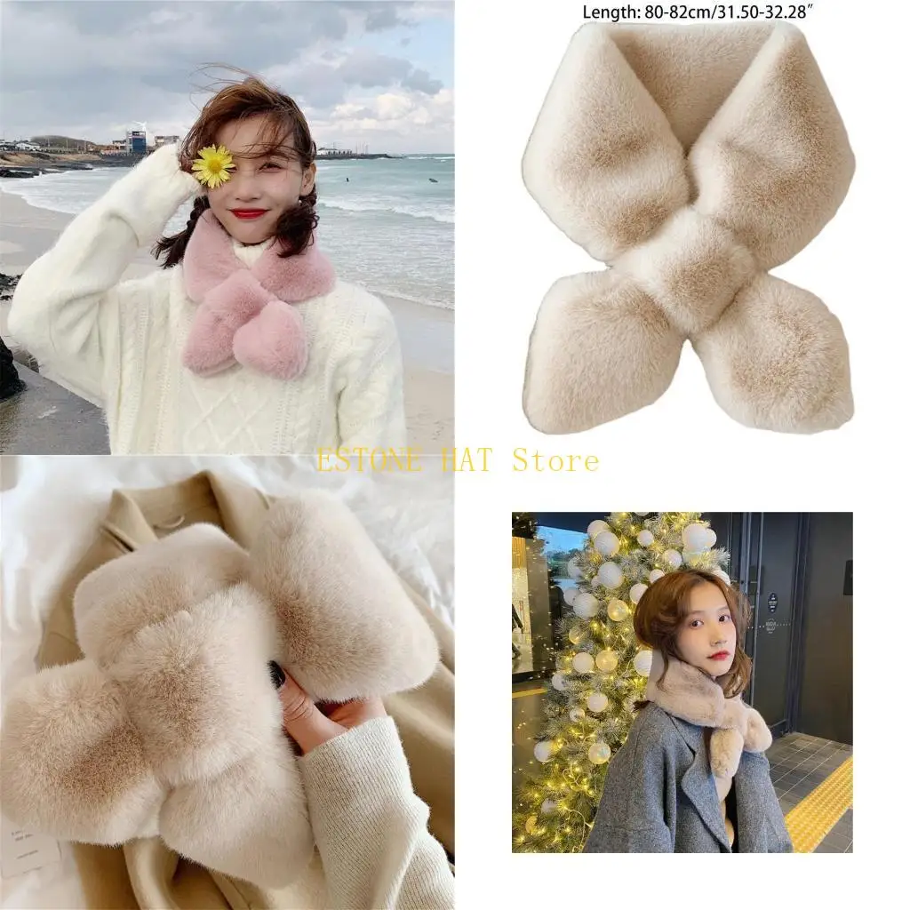 49MF Women Faux Fur for Cross Bib Scarf Color Plush Loophole Bow Neck Wa