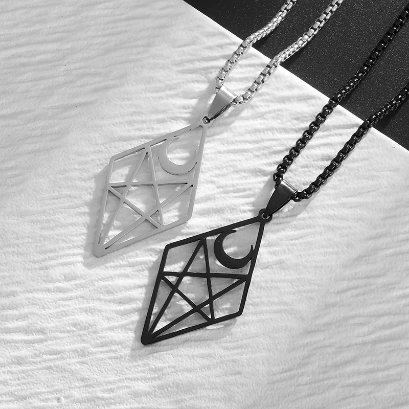 Geometrically Symmetrical Inverted Five-Pointed Star Moon Pendant Stainless Steel Necklace Men and Women Gothic Satanic Jewelry