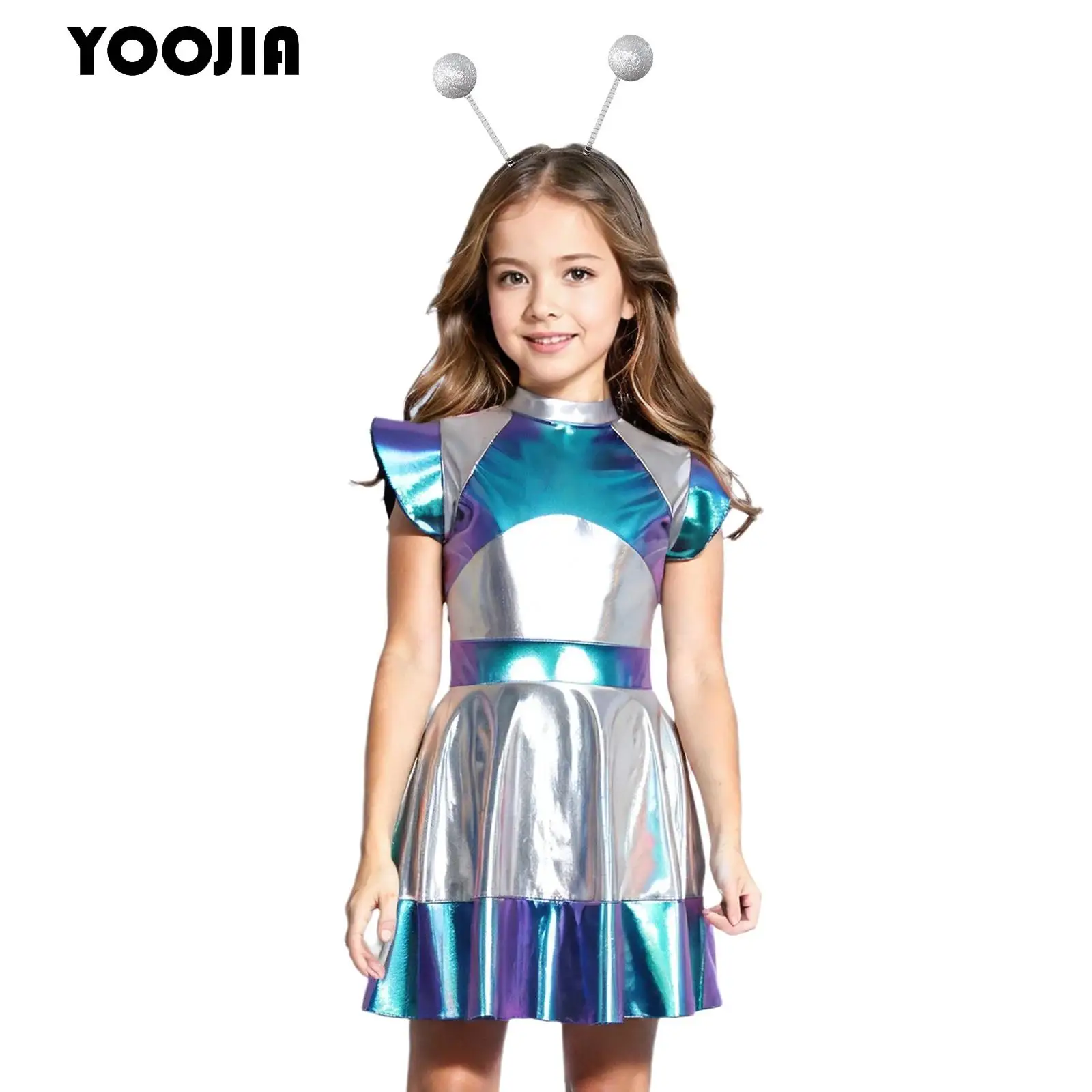 

Metallic Shiny Alien Outerspace Costume for Kids Girls Halloween Future World Cosplay Holographic Fling Sleeve Tutu Dance Dress