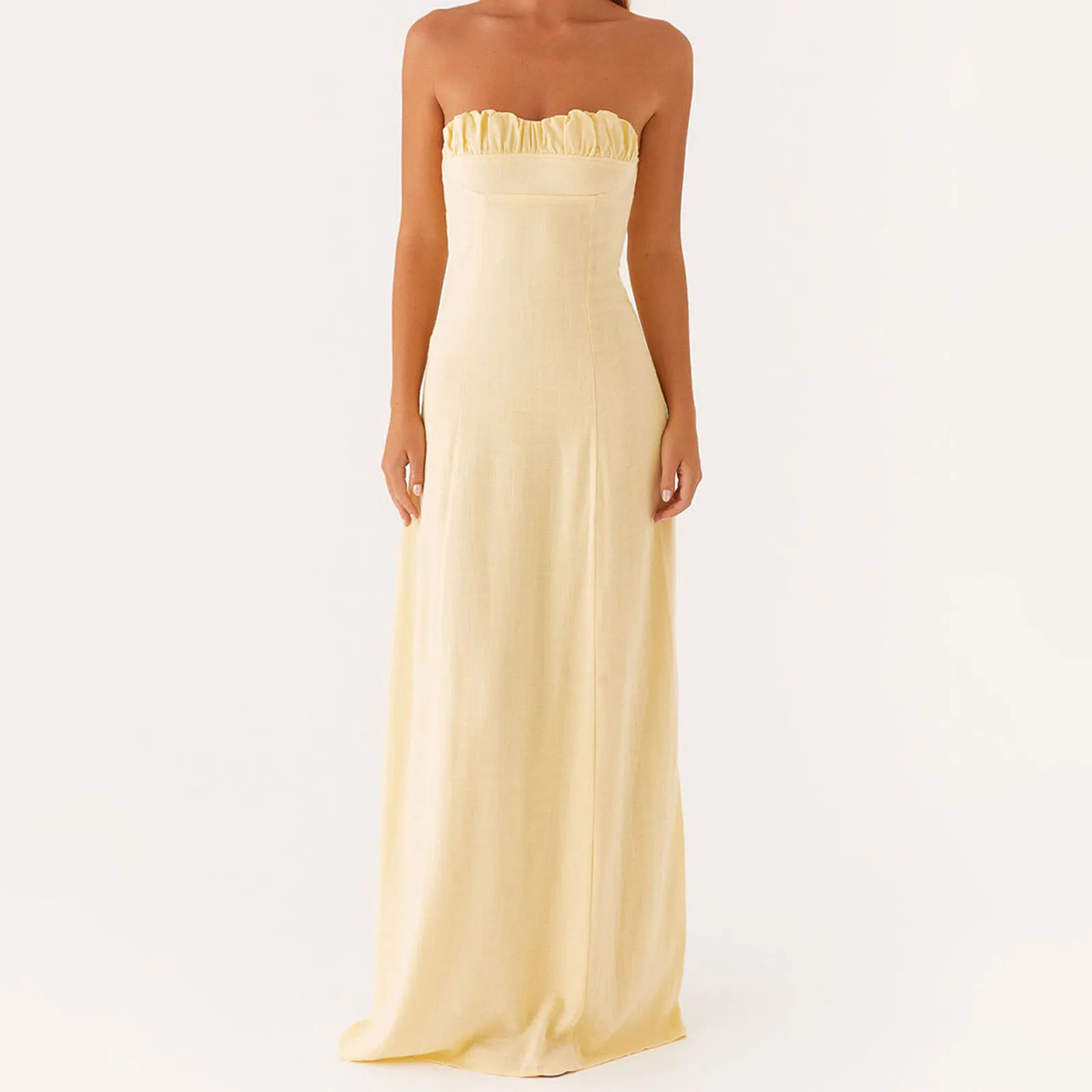 Langes Röhrenoberkleid für Damen mit Blumenmuster, einfarbig, gerüscht, schulterfrei, ärmellos, A-Linie, Abendkleid für Party, Club
