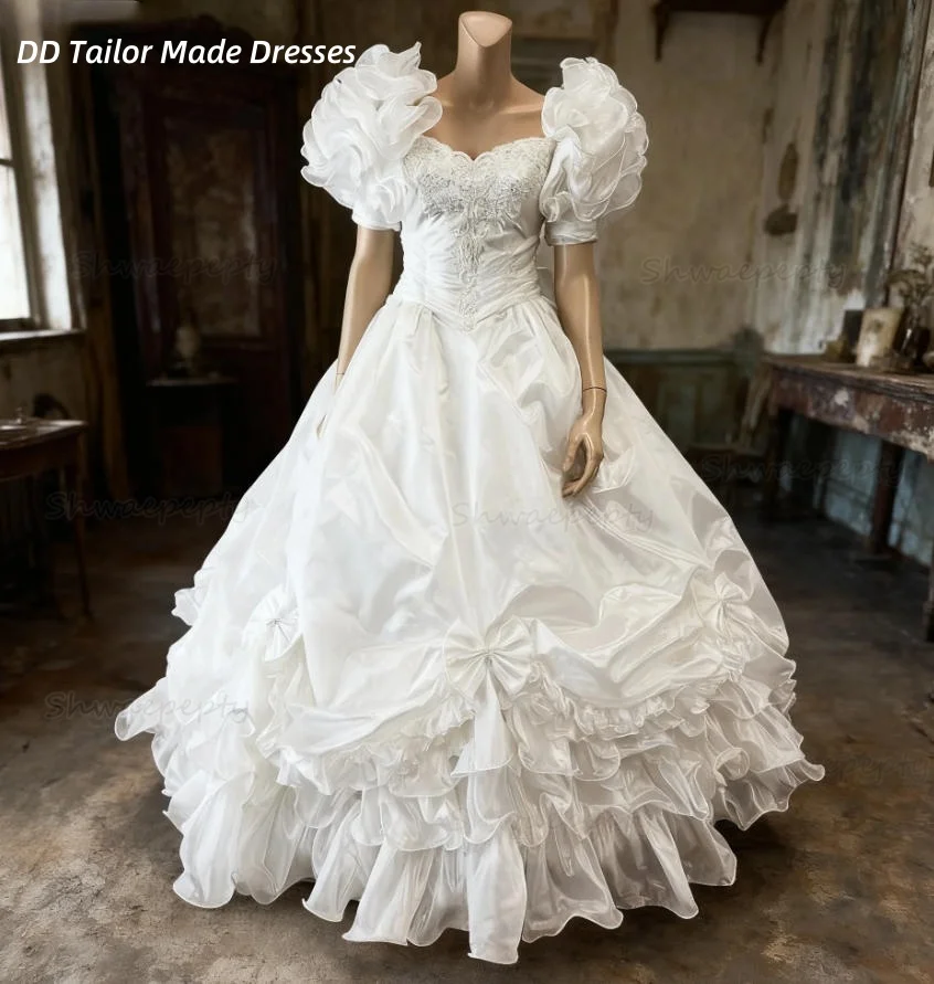 빈티지 빅토리아 웨딩 드레스 프릴 짧은 소매 오간자 신부 가운 리본 맞춤형 풀 길이 프롬 드레스 2025