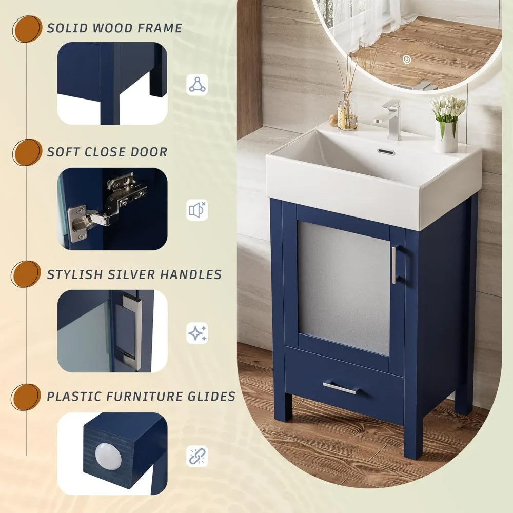 Mobile lavabo "20" in ceramica blu con ampio spazio di archiviazione, perfetto per bagni compatti
