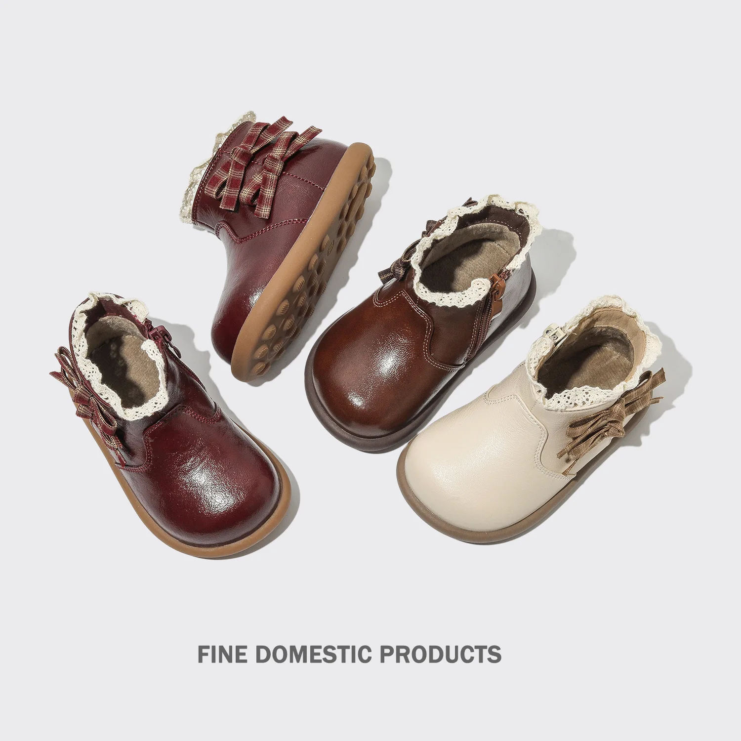 Baby Warm Soft Short Boots Little Princess Cute Butterfly Knot Leather Boots Children Retro Lace Round Cotton Shoes