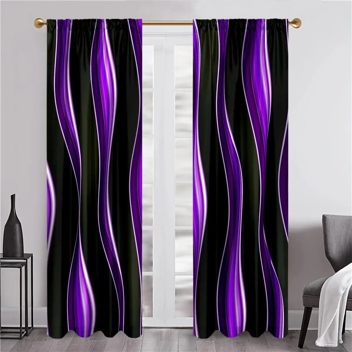 

Purple and black striped printed curtains, a light and comfortable decoration for the living room, bedroom and kitchen