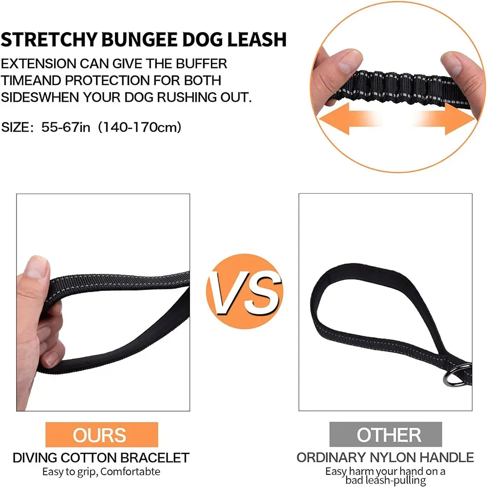 No Pull Dog Leash Reflective Shock Absorbing Pet Leashes with Car Seatbelt for Large Dogs Heavy Duty Tactical Bungee Dog Leash