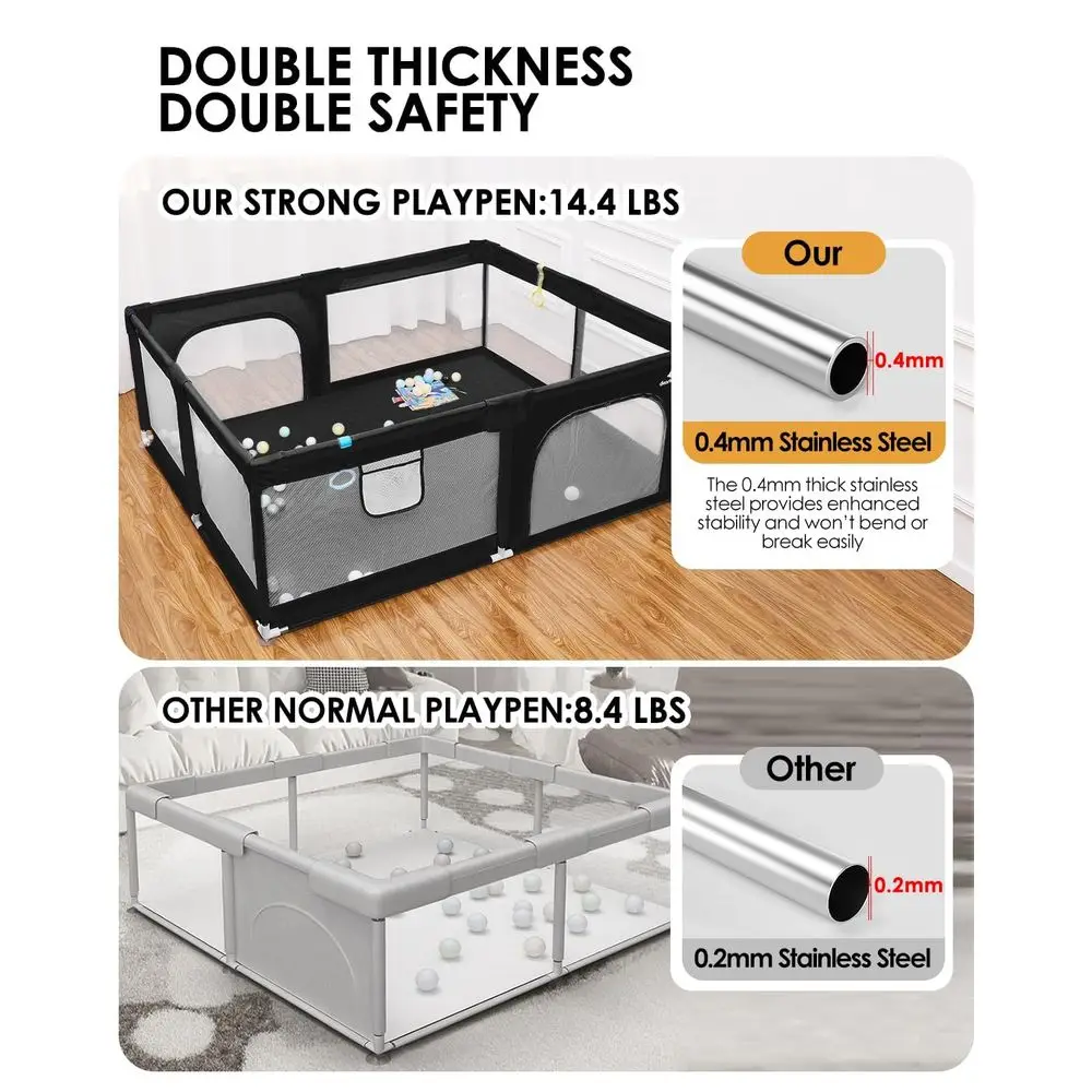 Extra Large 71x59 Baby Playpen with Steel Frame, Toddler Activity Center, Safety Gate, and Toys (Black)