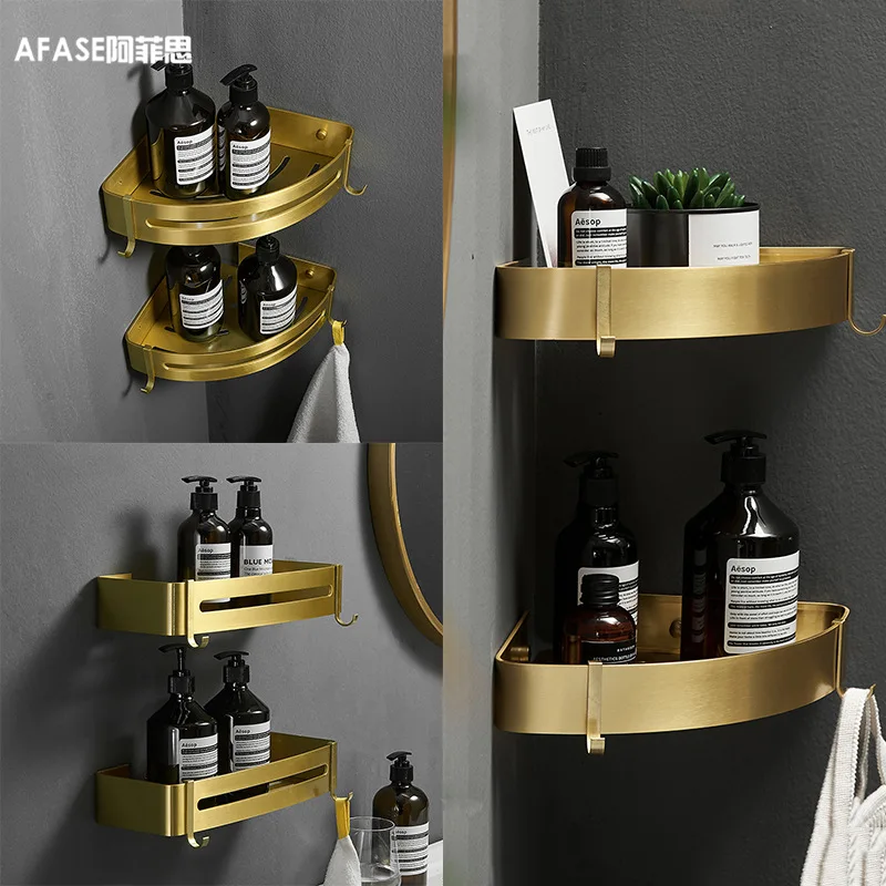 Gold Aluminum Corner Bathroom Shelf Single Or Double Tier Storage Brushed Anodized Finish Wall Mounted No Drill Installation