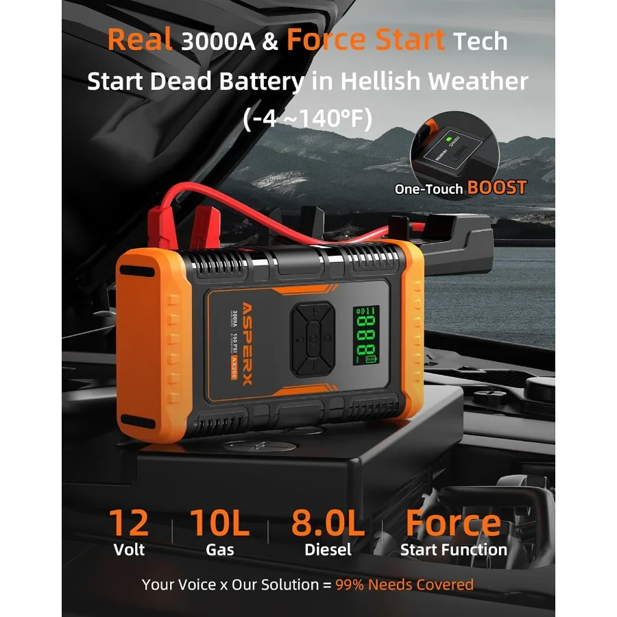 Portable 12V Jump Starter with Built-in Air Compressor for Gas and Diesel Engines up to 8L/10L Compact Emergency Power Pack wit