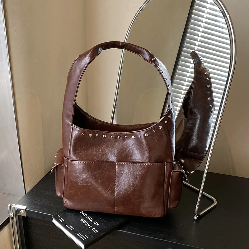 겨울용 스터드 장식 스퀘어 백 넉넉한 여성용 숄더백 빈티지 탑 핸들 토트백 다용도 언더암 백 캐주얼