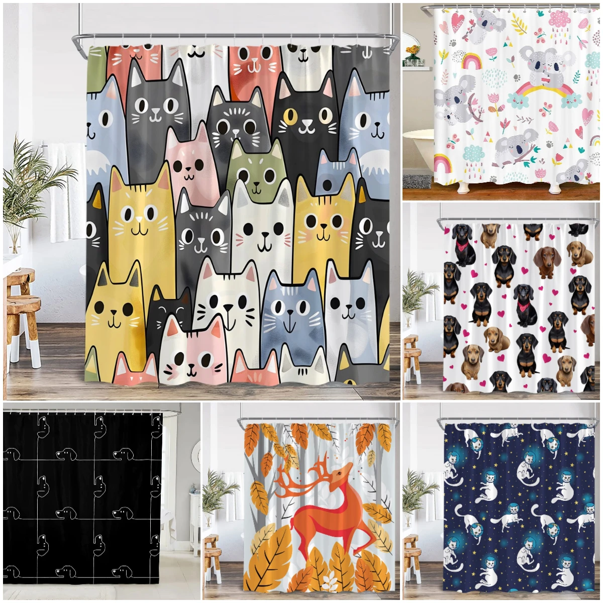 Cute Cats Cartoon Kid Shower Curtain Bathroom Decor Shark Dog Universe Star Sky Modern Polyester Bath Curtain Home Decoration