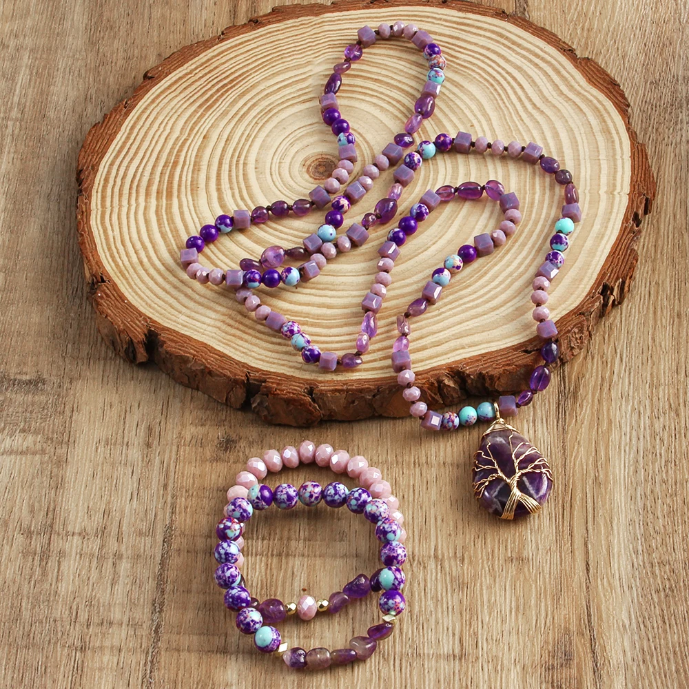 New Boheme Spring Jewelry Natural Stone Glass Handmade Life Tree Stone Drop Pendant Knotted Necklace 2pcs Stack Bracelet Set