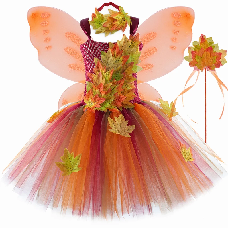 

Girls Halloween Fairy Costume Autumn Woodland Princess Dress with Maple Leaves Tulle Tutu for Thanksgiving Party Dress Up