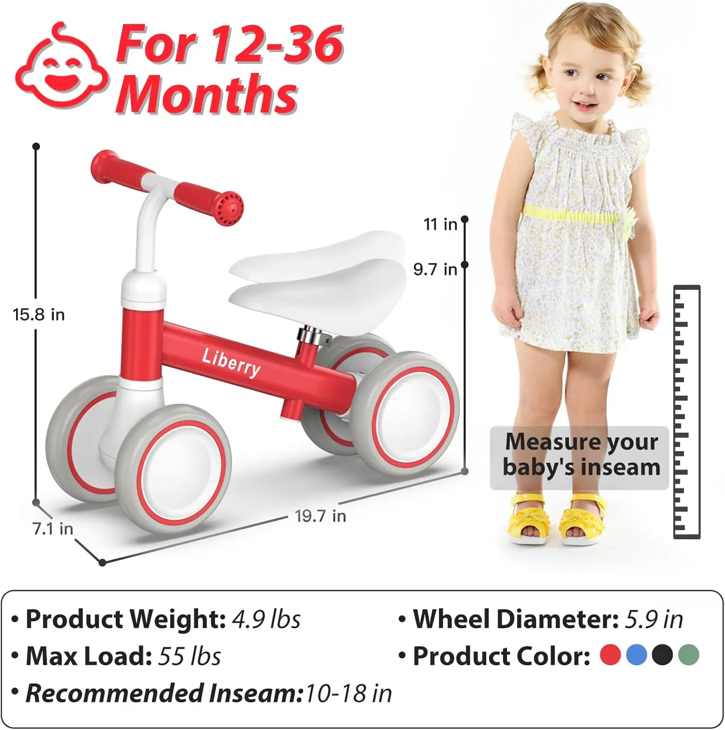 دراجة توازن للأطفال بمقعد قابل للتعديل ، فتيات بعمر سنة ، عيد ميلاد الطفل الأول ، 4 عجلات ، 12-36 شهرًا