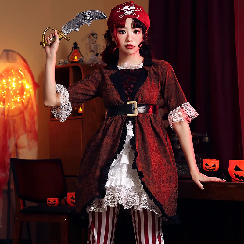 

loween Night Par Performer Pirate Costume Brown Striped Lace Outfit Navigators Stage Performance Women's Traditional Clo...