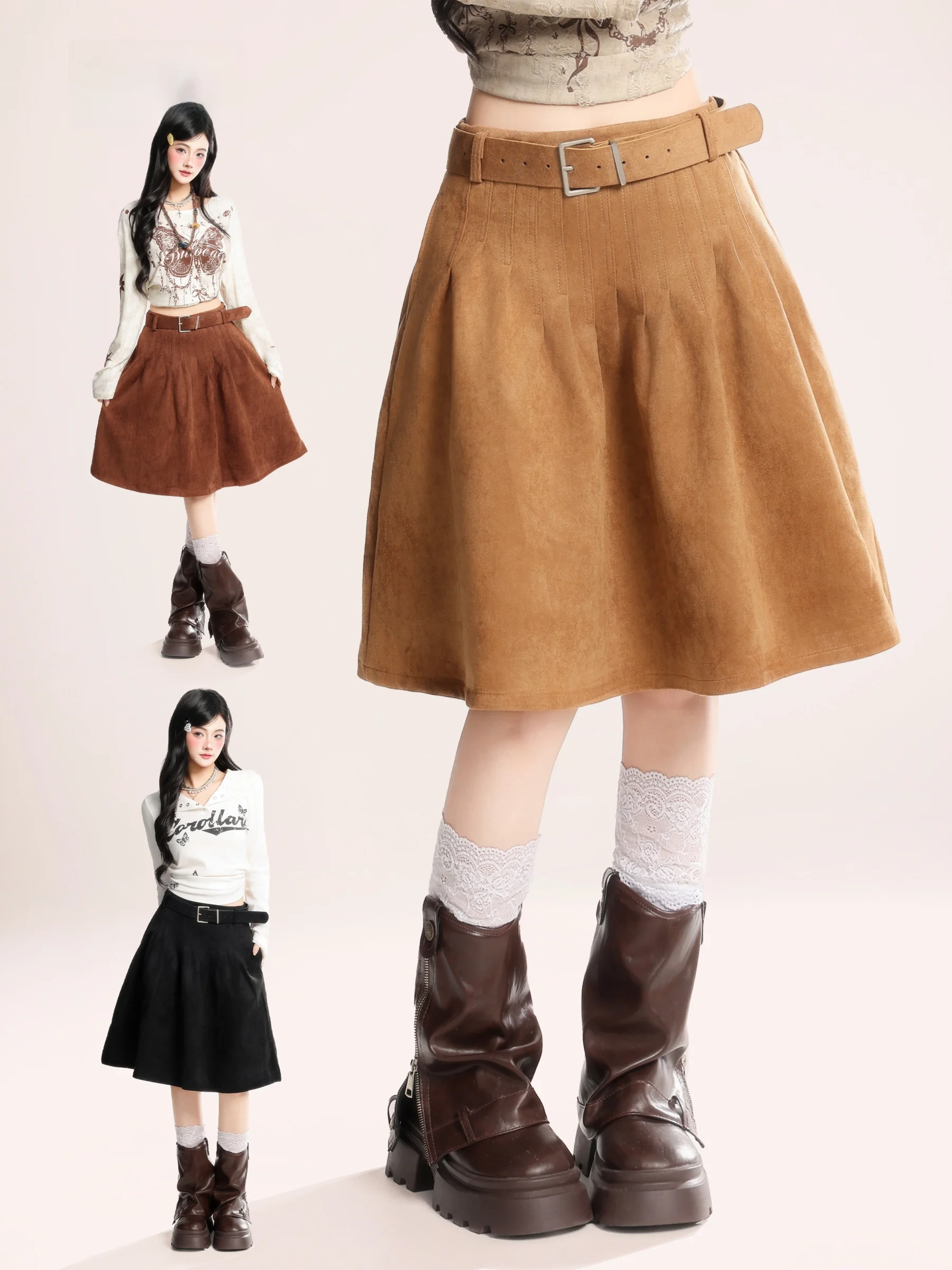 

Юбка HM Retro из коричневой замши, женская, весенняя, с высокой талией, расклешенная, в корейском стиле, из дышащего полиэфирного волокна