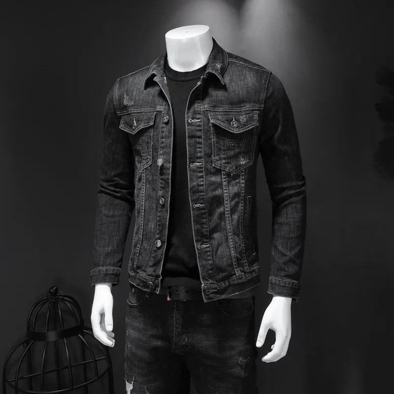 Mens Denim Jacket Moto Biker Outerwear Coats Men Jeans Jacket Black Casual Cotton Turn Down Collar Motorcycle Denim Coats Men