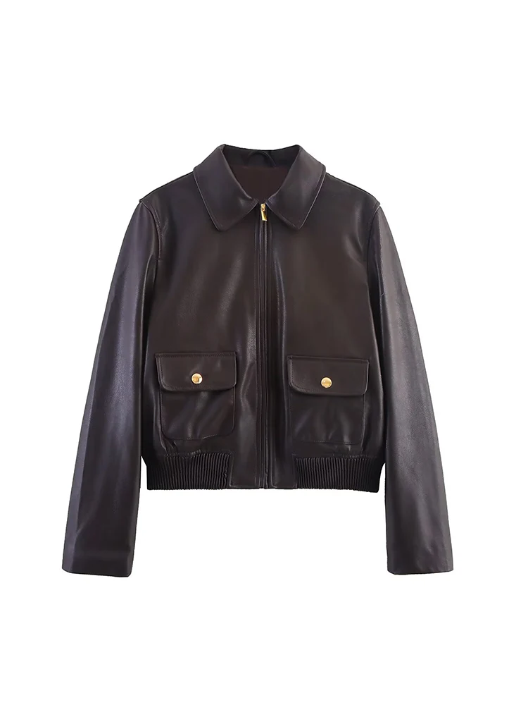 

European and American style autumn new fashion women's casual temperament simple lapel long sleeve zipper coated jacket