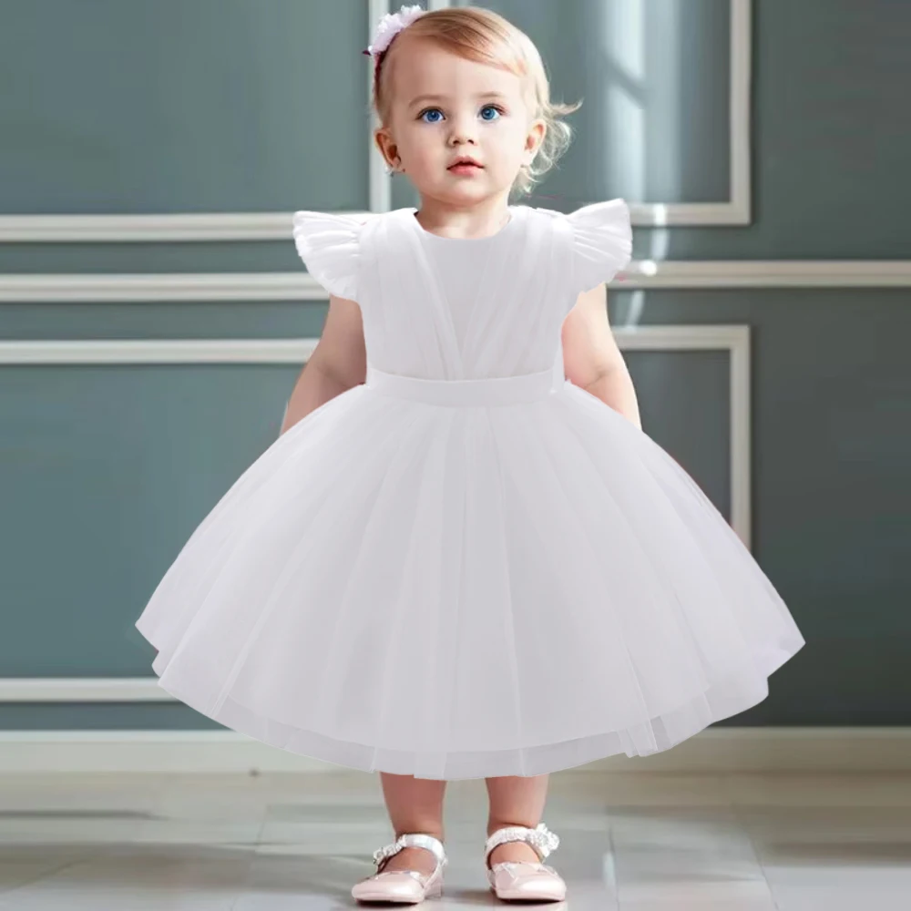 

White Baptism Baby Girls Party Dress Fly Sleeves Toddler Bow 1st Birthday Princess Dresses First Communion Wedding Kids Clothing