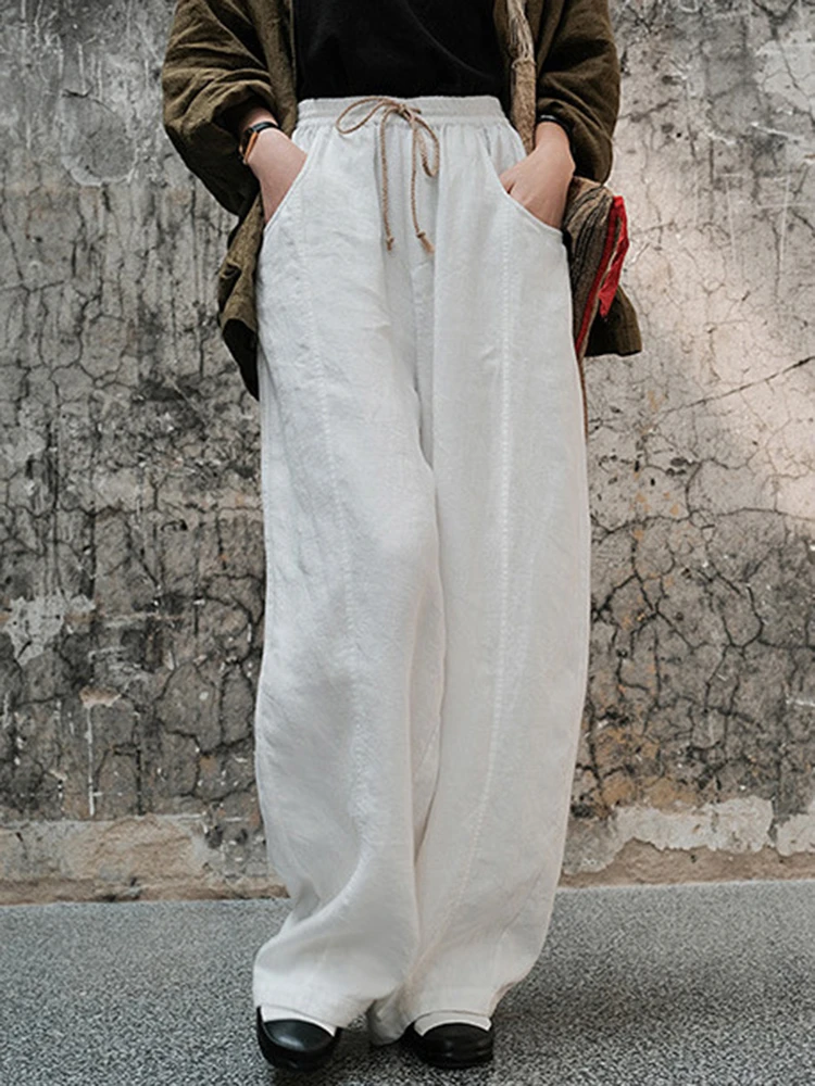 

Women Casual Linen Pants New Arrival 2025 Spring Vintage Style Elastic Waist Loose Comfortable Female White Wide Leg Pants M1408